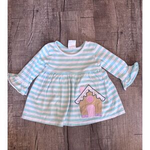 Stitchy Fish Baby Girls Dress 9M Mint Striped Gingerbread House Appliqué